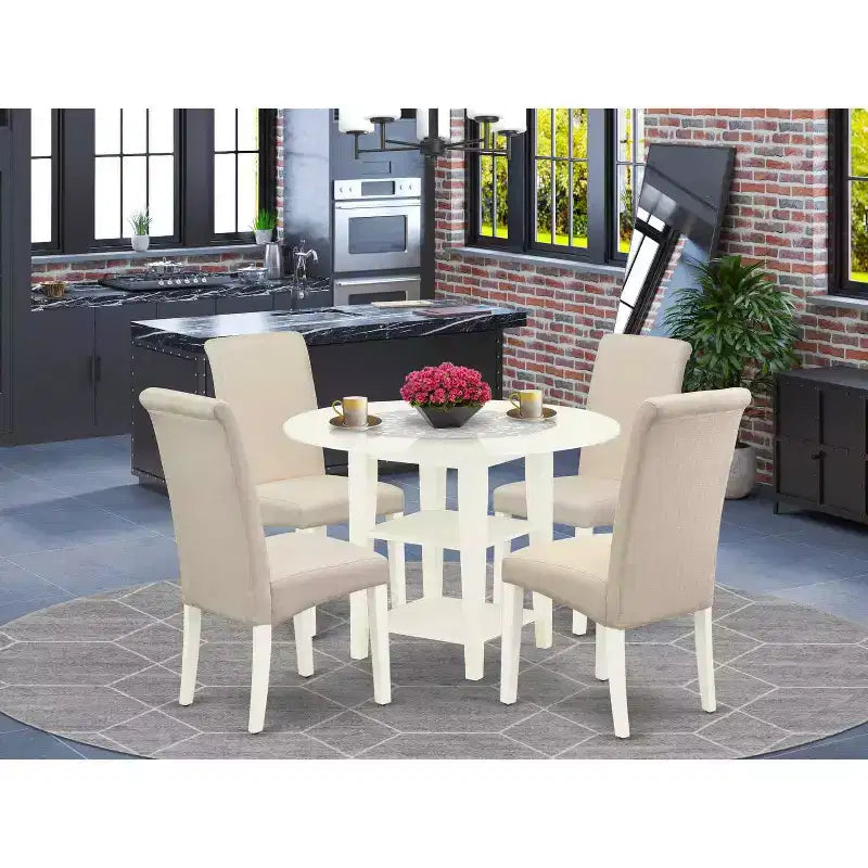 HomeStock 5-Pc Round Linen White Finish Solid Wood Top-Dining Room Set with Dropleaf-Seats 4