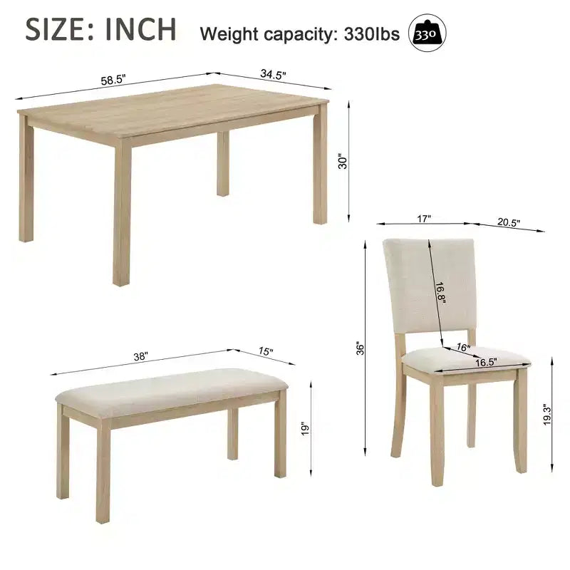 GDFStudio Fen Modern 6-Piece Dining Set with Wooden Rectangular Table, 1 Bench, and 4 Linen Upholstered Chairs
