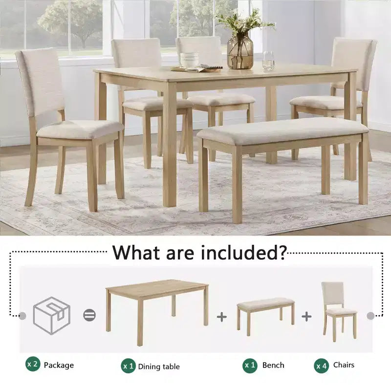 GDFStudio Fen Modern 6-Piece Dining Set with Wooden Rectangular Table, 1 Bench, and 4 Linen Upholstered Chairs