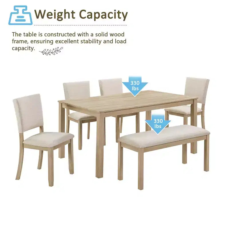 GDFStudio Fen Modern 6-Piece Dining Set with Wooden Rectangular Table, 1 Bench, and 4 Linen Upholstered Chairs