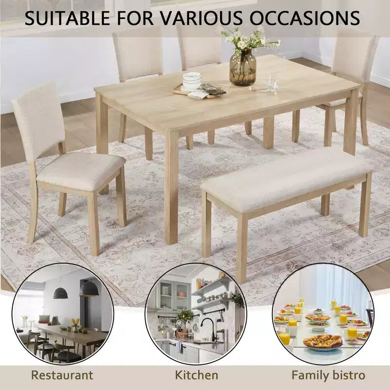 GDFStudio Fen Modern 6-Piece Dining Set with Wooden Rectangular Table, 1 Bench, and 4 Linen Upholstered Chairs