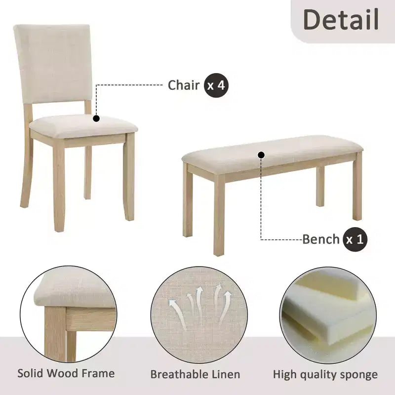 GDFStudio Fen Modern 6-Piece Dining Set with Wooden Rectangular Table, 1 Bench, and 4 Linen Upholstered Chairs