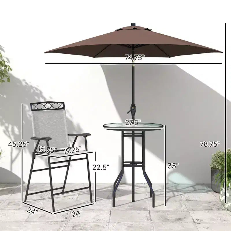 4 Piece Outdoor Bar Set with Umbrella, Patio Dining Set with 2 Folding Chairs, Wave Textured Tempered Glass Table for Backyard, Garden, Deck, Poolside