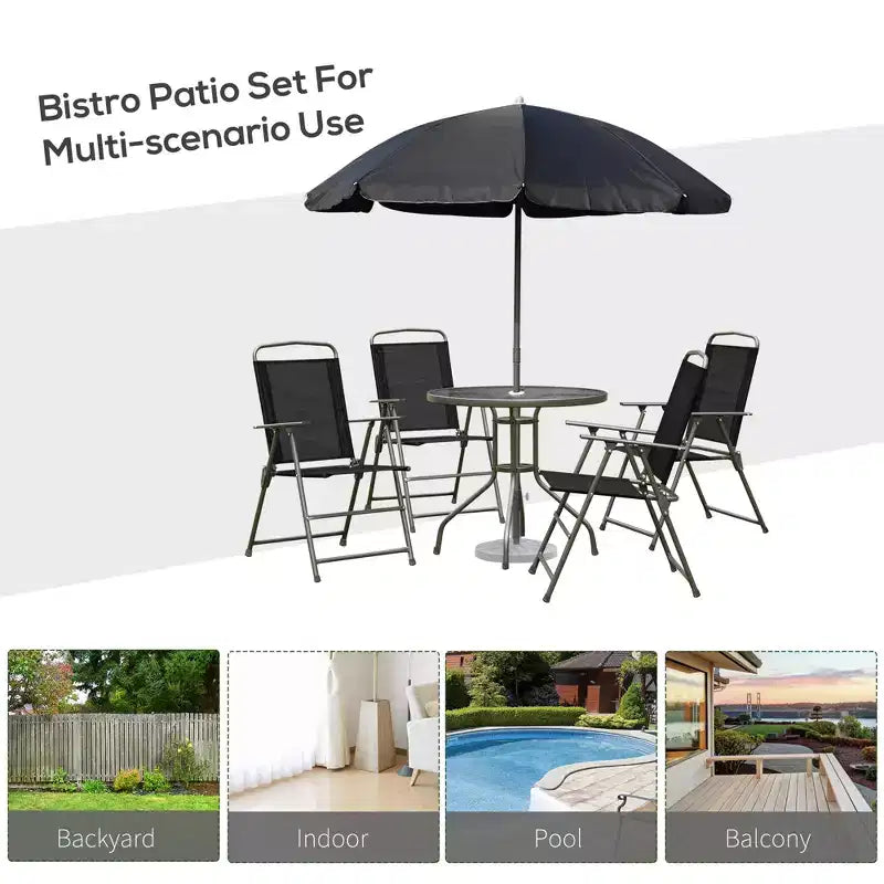 6 Piece Patio Dining Set for 4 with Umbrella, Outdoor Table and Chairs with 4 Folding Dining Chairs & Round Glass Table