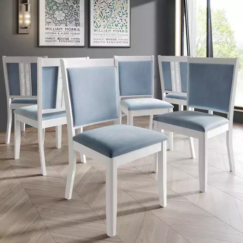 ChaletPosh 7 Pieces Dining Set in White with Light Blue Velvet Cover Dining Chair