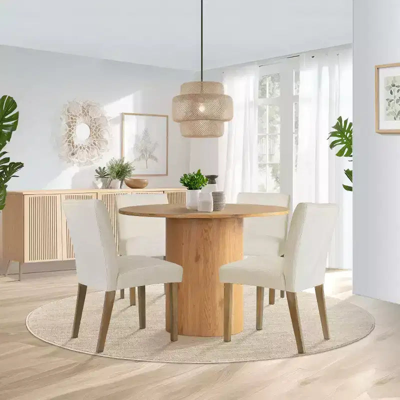 5-Piece Round Dining Table Set & 4 Upholstered Chairs, Modern Wood Pedestal Table Set for Kitchen, Breakfast Nook or Dining Room-Panipeachy
