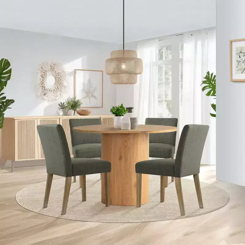 5-Piece Round Dining Table Set & 4 Upholstered Chairs, Modern Wood Pedestal Table Set for Kitchen, Breakfast Nook or Dining Room-Panipeachy