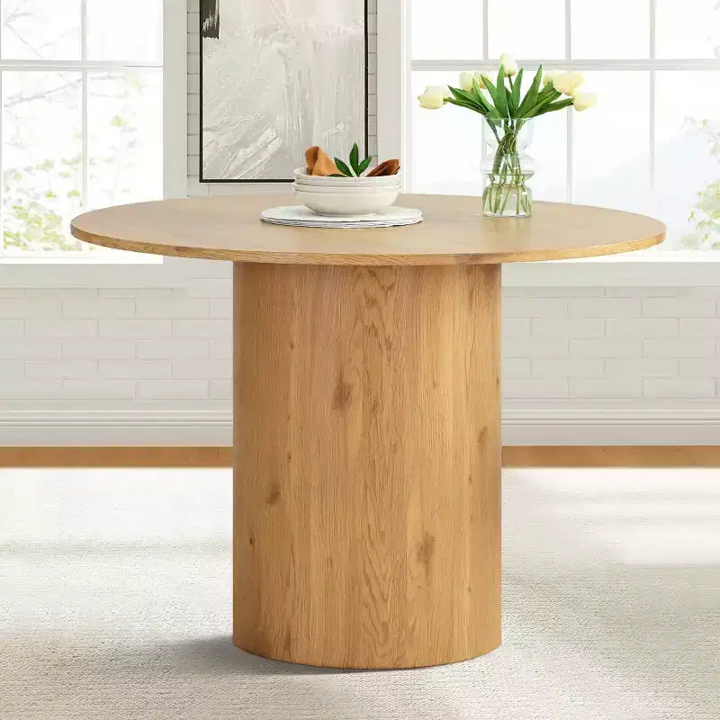 5-Piece Round Dining Table Set & 4 Upholstered Chairs, Modern Wood Pedestal Table Set for Kitchen, Breakfast Nook or Dining Room-Panipeachy