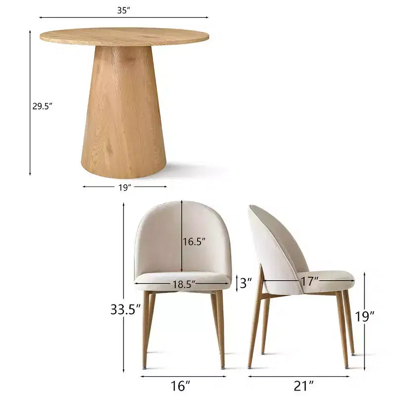Modern Oak Veneer Bistro Table Set, 35 Round Pedestal Table and 2 Curved Back Dining Chairs for Apartment Dining Spaces-Panipeachy