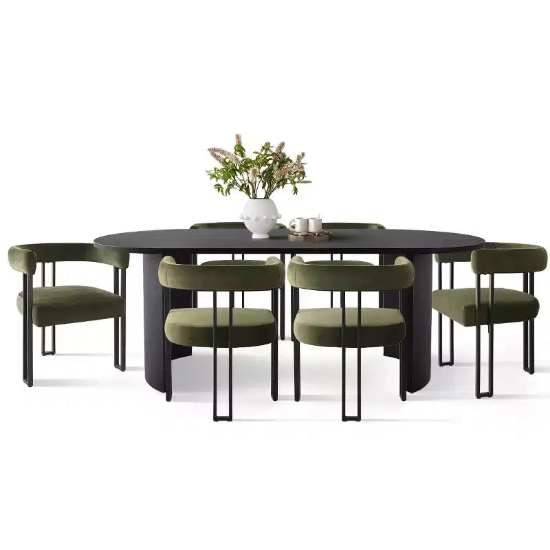 7-Piece Dining Table Set with Velvet Chairs, Modern Oval Black Table & Upholstered Armchairs with Metal Legs for Dining Room-Panipeachy