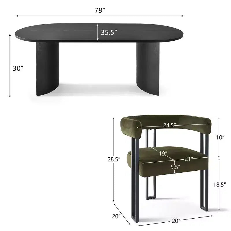 7-Piece Dining Table Set with Velvet Chairs, Modern Oval Black Table & Upholstered Armchairs with Metal Legs for Dining Room-Panipeachy