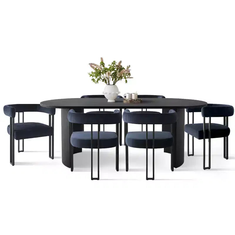 7-Piece Dining Table Set with Velvet Chairs, Modern Oval Black Table & Upholstered Armchairs with Metal Legs for Dining Room-Panipeachy