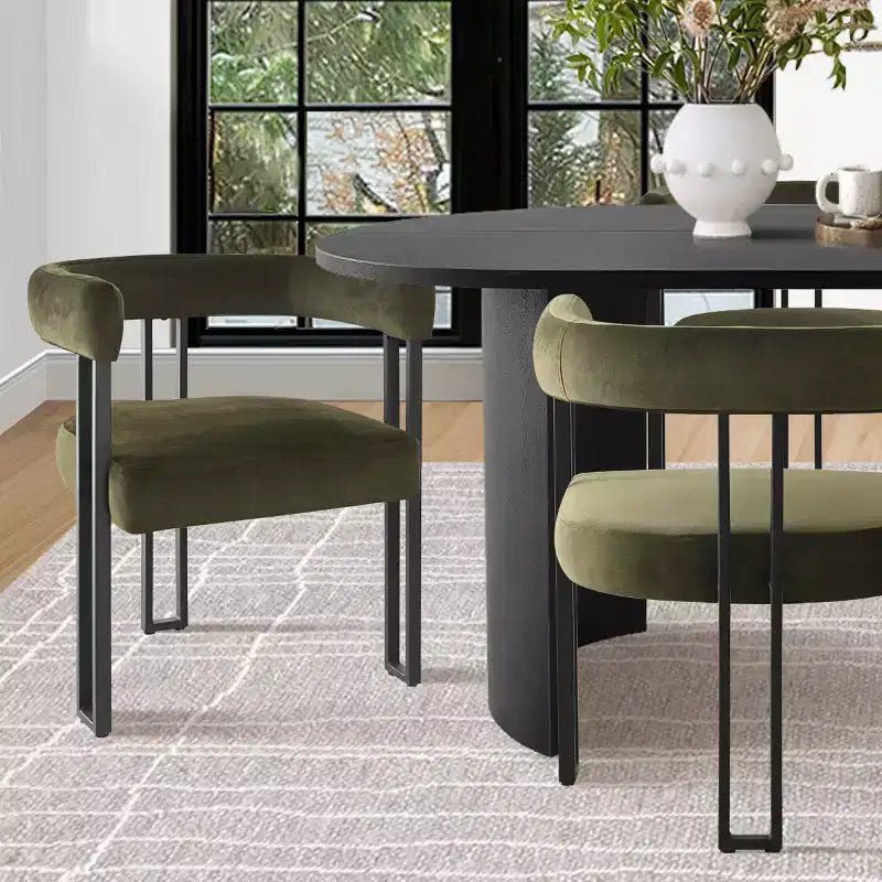 7-Piece Dining Table Set with Velvet Chairs, Modern Oval Black Table & Upholstered Armchairs with Metal Legs for Dining Room-Panipeachy