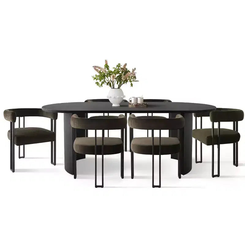 7-Piece Dining Table Set with Velvet Chairs, Modern Oval Black Table & Upholstered Armchairs with Metal Legs for Dining Room-Panipeachy