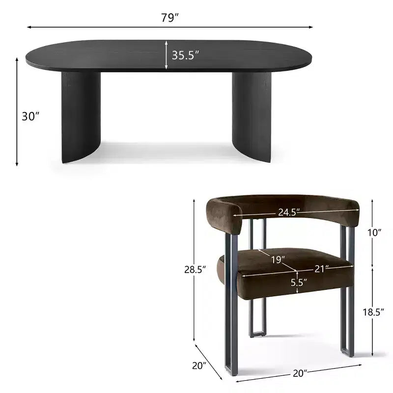 7-Piece Dining Table Set with Velvet Chairs, Modern Oval Black Table & Upholstered Armchairs with Metal Legs for Dining Room-Panipeachy
