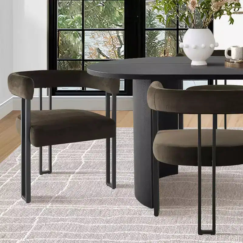 7-Piece Dining Table Set with Velvet Chairs, Modern Oval Black Table & Upholstered Armchairs with Metal Legs for Dining Room-Panipeachy