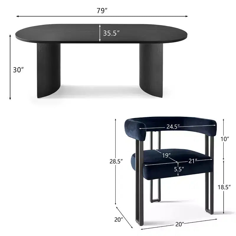 7-Piece Dining Table Set with Velvet Chairs, Modern Oval Black Table & Upholstered Armchairs with Metal Legs for Dining Room-Panipeachy