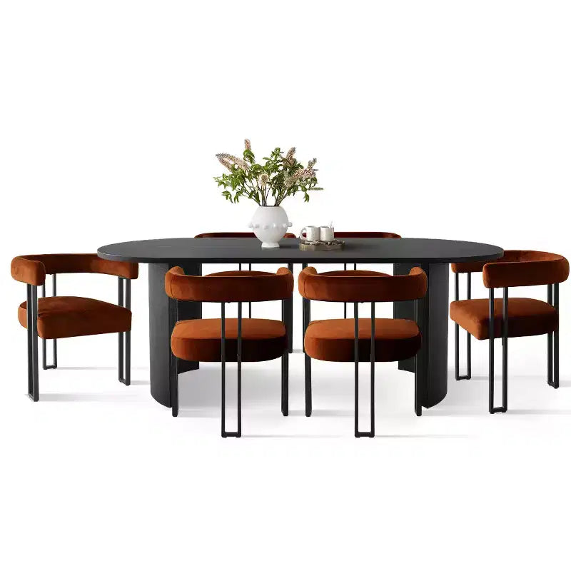 7-Piece Dining Table Set with Velvet Chairs, Modern Oval Black Table & Upholstered Armchairs with Metal Legs for Dining Room-Panipeachy
