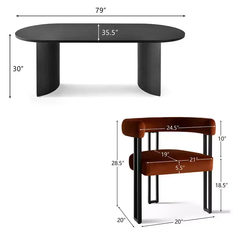 7-Piece Dining Table Set with Velvet Chairs, Modern Oval Black Table & Upholstered Armchairs with Metal Legs for Dining Room-Panipeachy
