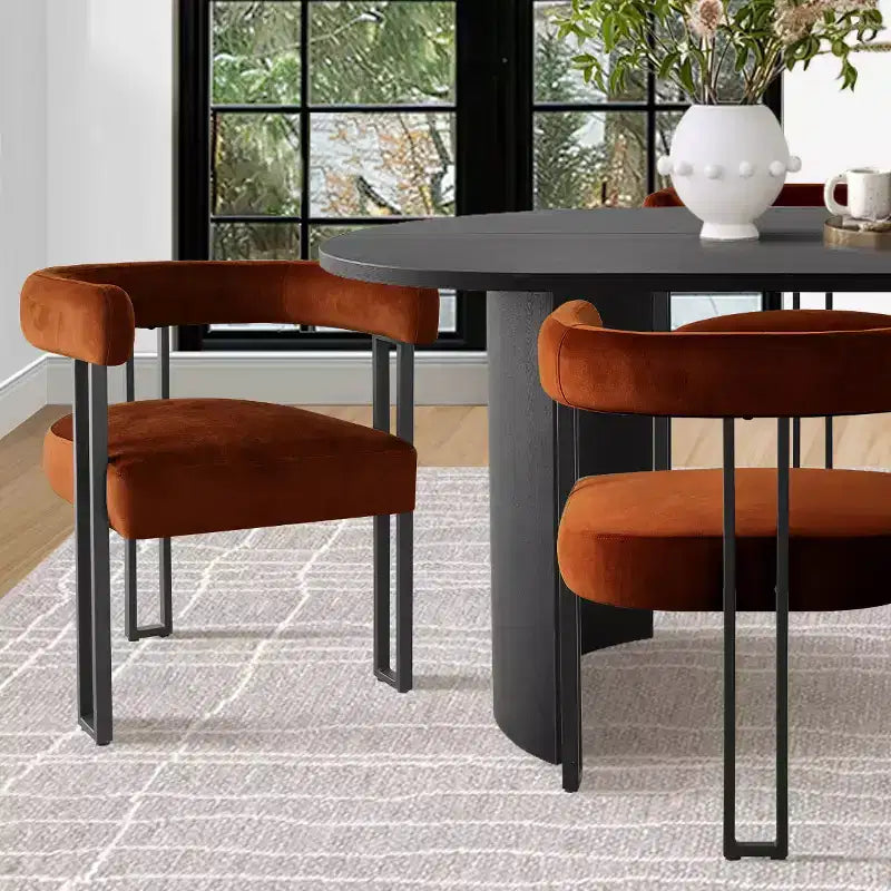 7-Piece Dining Table Set with Velvet Chairs, Modern Oval Black Table & Upholstered Armchairs with Metal Legs for Dining Room-Panipeachy
