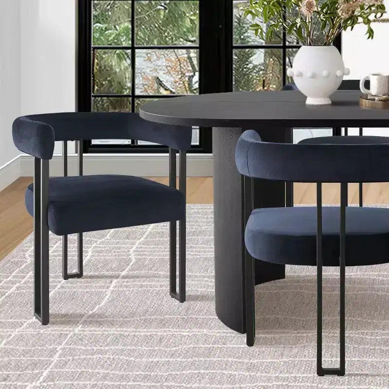 7-Piece Dining Table Set with Velvet Chairs, Modern Oval Black Table & Upholstered Armchairs with Metal Legs for Dining Room-Panipeachy