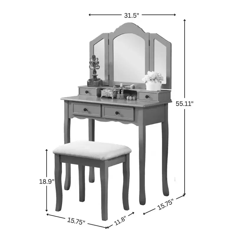 JVNOXK31.5-inch three-sided beveled mirror wooden vanity with two vanity drawers and stool, white