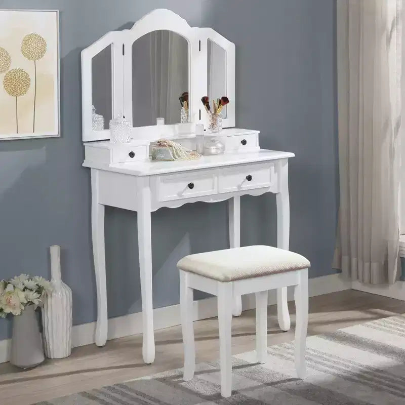 JVNOXK31.5-inch three-sided beveled mirror wooden vanity with two vanity drawers and stool, white