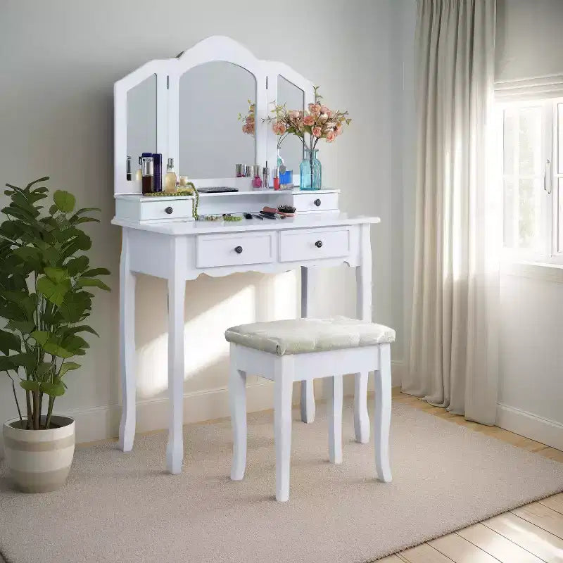 JVNOXK31.5-inch three-sided beveled mirror wooden vanity with two vanity drawers and stool, white