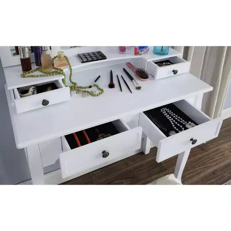 JVNOXK31.5-inch three-sided beveled mirror wooden vanity with two vanity drawers and stool, white