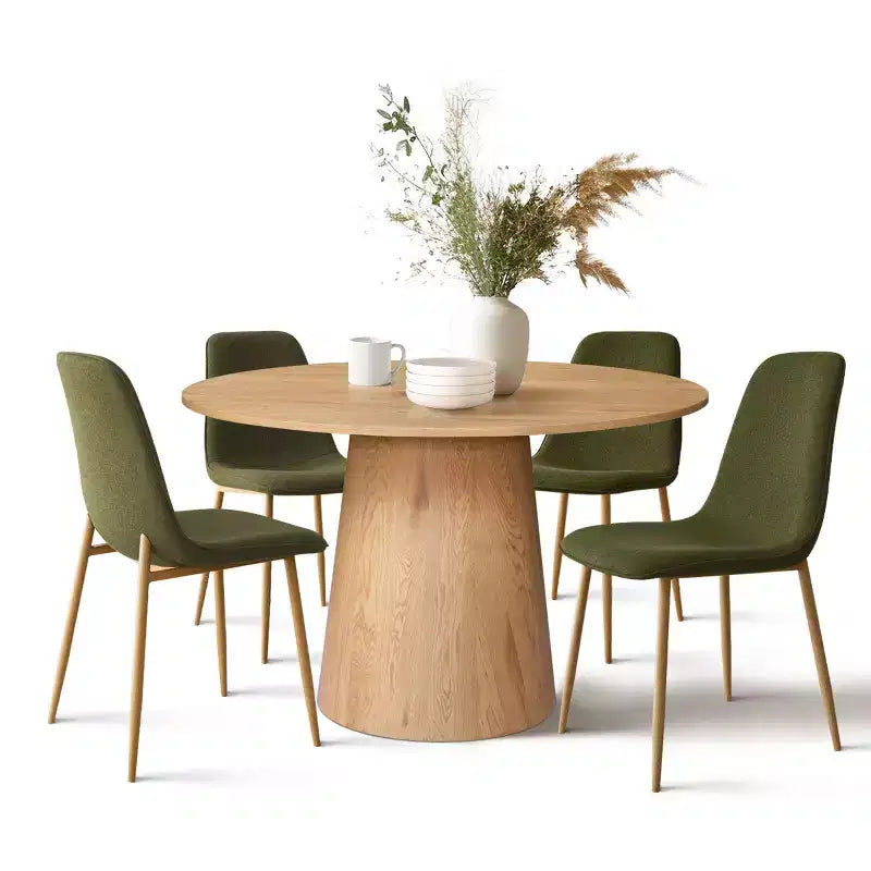 5-Piece Oak Round Dining Table Set, 46 Pedestal Table with 4 Upholstered Dining Chairs, Modern Dining Room Furniture-Panipeachy
