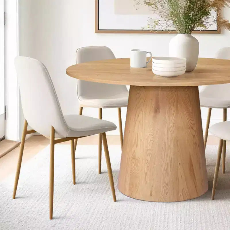 5-Piece Oak Round Dining Table Set, 46 Pedestal Table with 4 Upholstered Dining Chairs, Modern Dining Room Furniture-Panipeachy