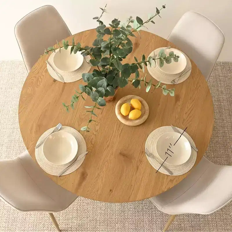 5-Piece Oak Round Dining Table Set, 46 Pedestal Table with 4 Upholstered Dining Chairs, Modern Dining Room Furniture-Panipeachy