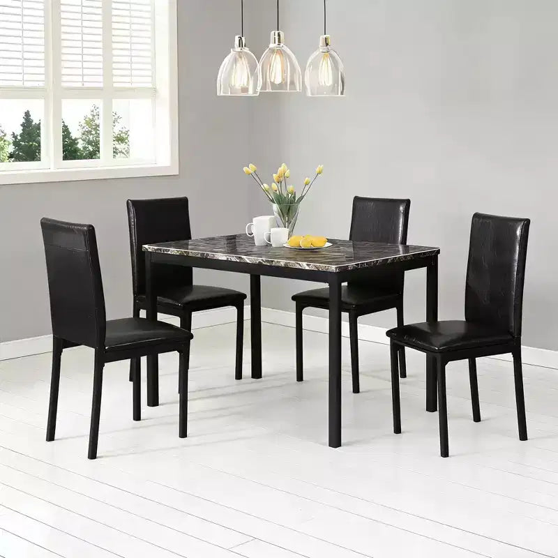 GDFStudio Nolan 5 Piece Metal Frame Dining Set with Faux Marble Tabletop