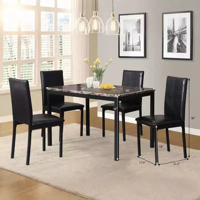 GDFStudio Nolan 5 Piece Metal Frame Dining Set with Faux Marble Tabletop