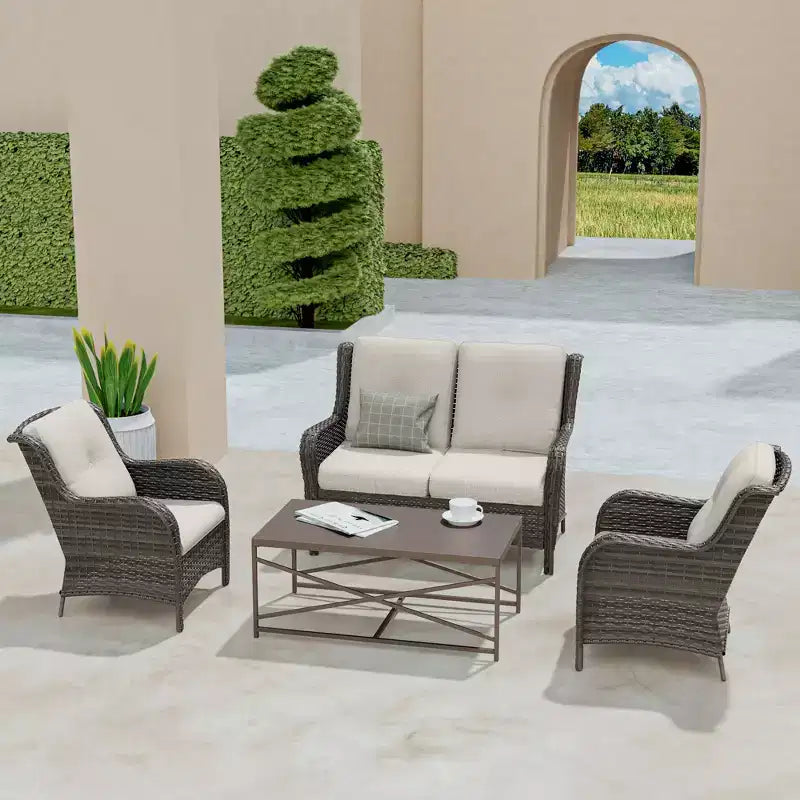 UPTIOT 4-Piece All-Weather Outdoor Lounge Set with Loveseat, Chairs & Tempered Table