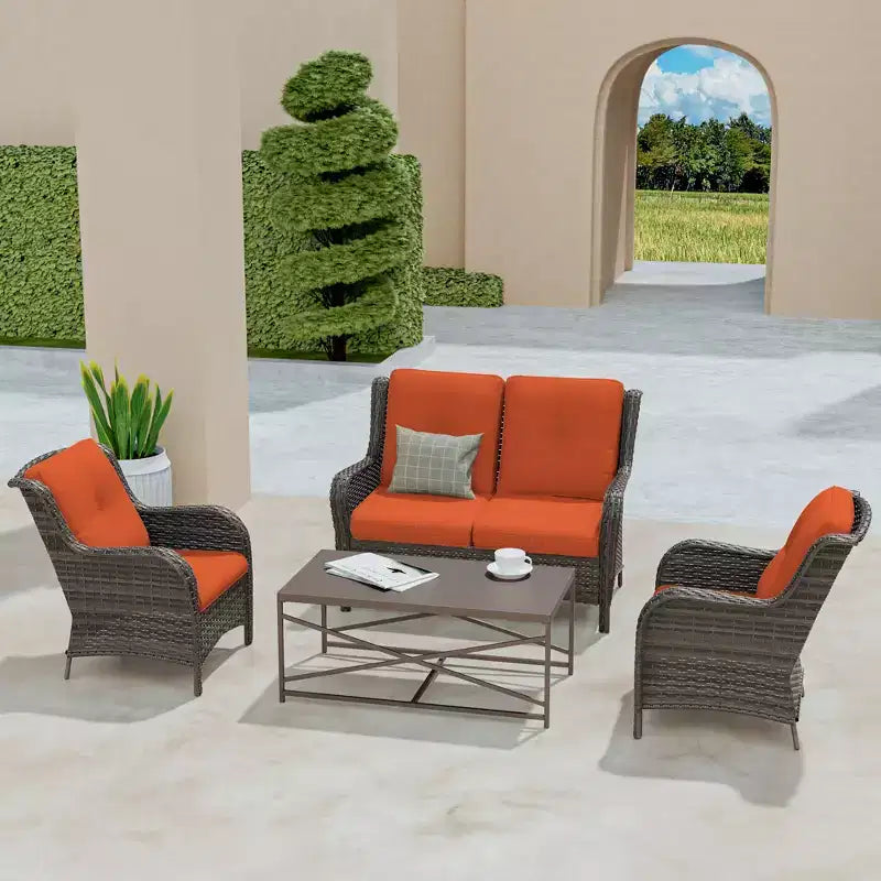 UPTIOT 4-Piece All-Weather Outdoor Lounge Set with Loveseat, Chairs & Tempered Table