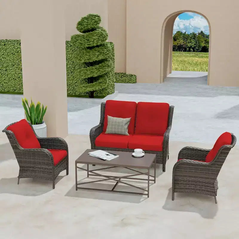 UPTIOT 4-Piece All-Weather Outdoor Lounge Set with Loveseat, Chairs & Tempered Table