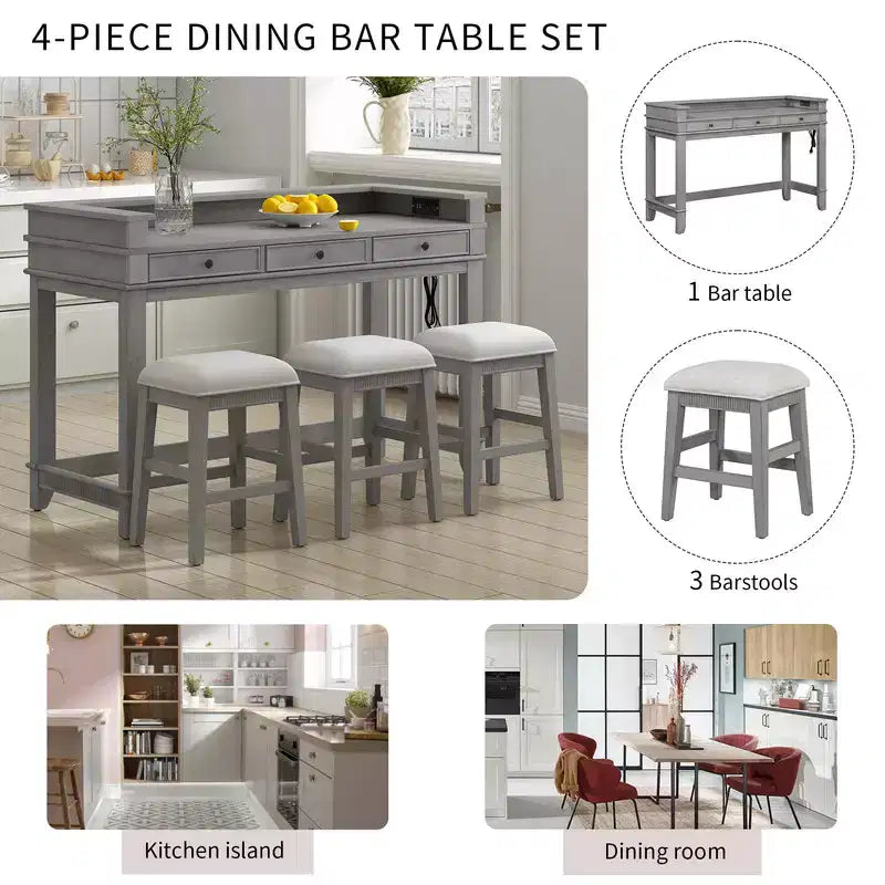 sumyeg TREXM 4-Piece Retro Dining Set with Kitchen Table 3 Chairs and 3 Storage Drawers