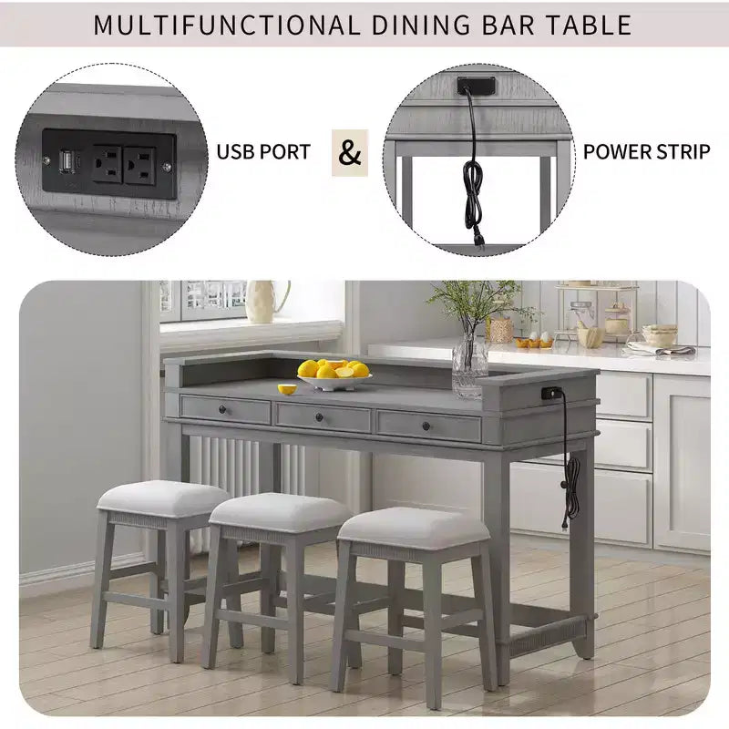 sumyeg TREXM 4-Piece Retro Dining Set with Kitchen Table 3 Chairs and 3 Storage Drawers