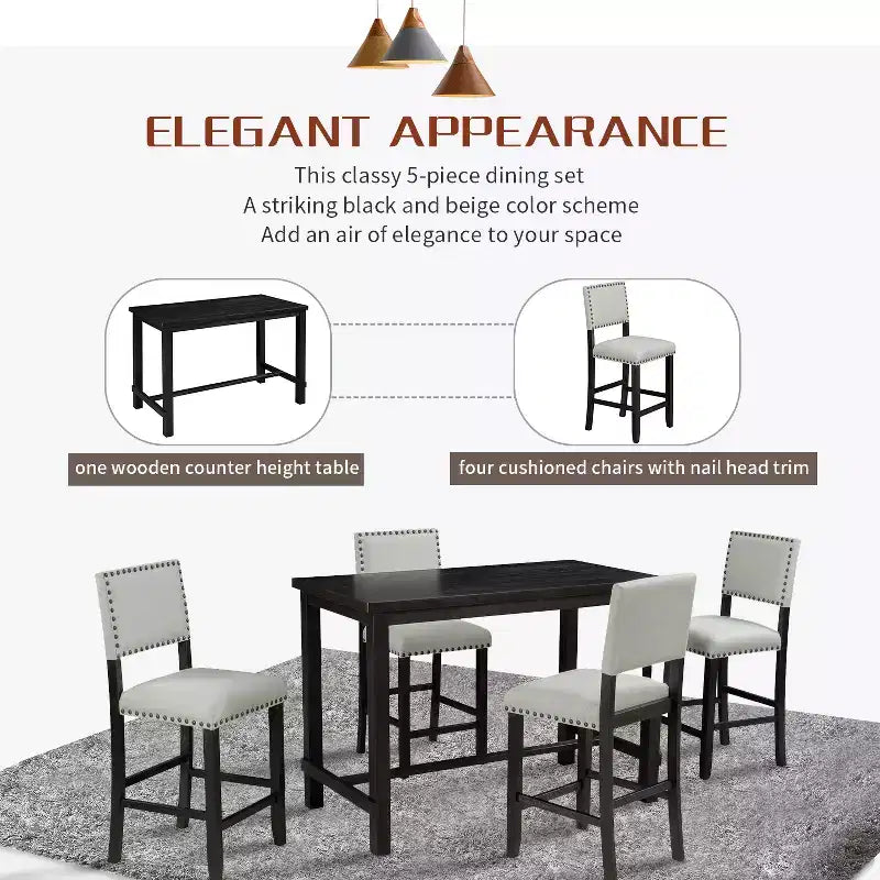 5 Piece Dining Table Set Counter Height Dining Set with Classic Elegant Rectangel Table and 4 Padded Chairs for Kitchen Dining Room