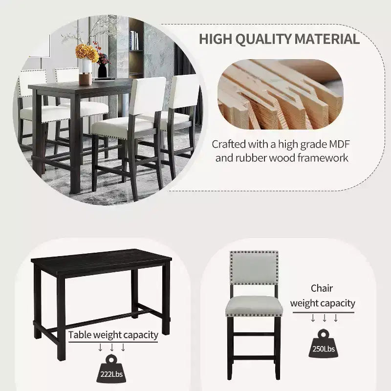 5 Piece Dining Table Set Counter Height Dining Set with Classic Elegant Rectangel Table and 4 Padded Chairs for Kitchen Dining Room