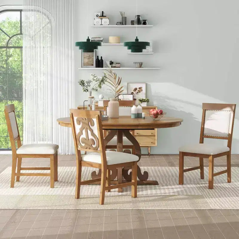Farmhouse Kitchen Table Set for 4, Wooden Extendable Round Dining Table Set and 4 Upholstered Chairs, Retro Dining Set for Kitchen