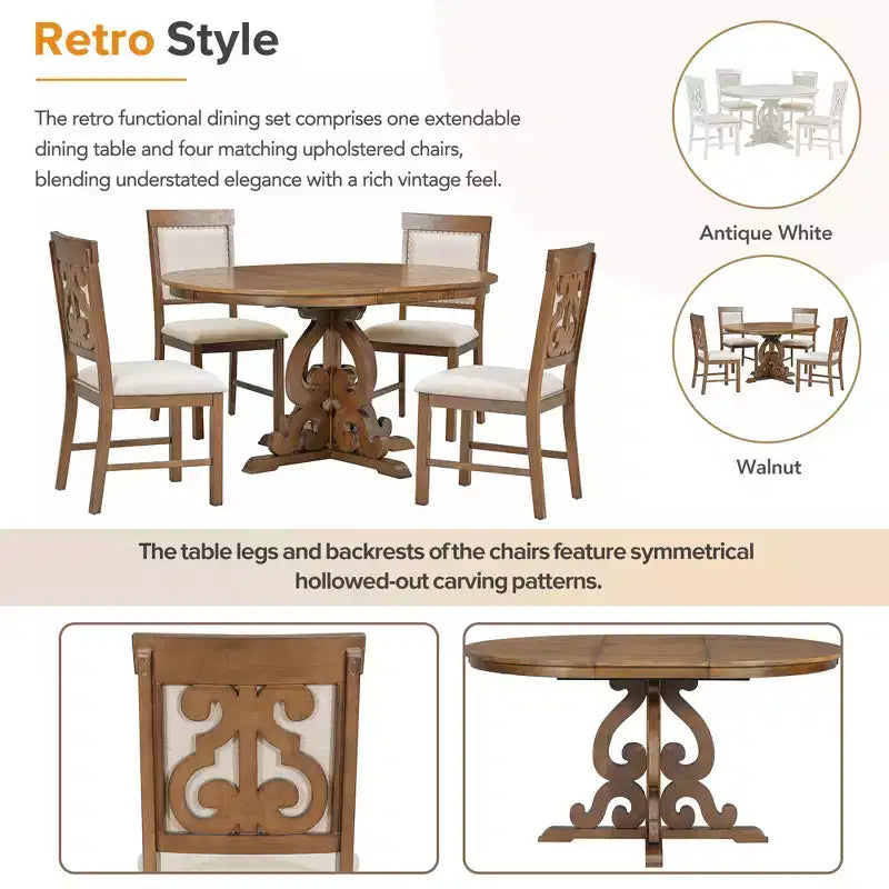 Farmhouse Kitchen Table Set for 4, Wooden Extendable Round Dining Table Set and 4 Upholstered Chairs, Retro Dining Set for Kitchen