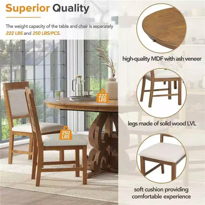 Farmhouse Kitchen Table Set for 4, Wooden Extendable Round Dining Table Set and 4 Upholstered Chairs, Retro Dining Set for Kitchen
