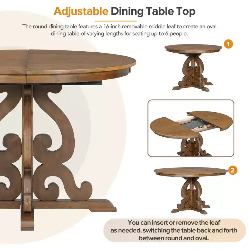 Farmhouse Kitchen Table Set for 4, Wooden Extendable Round Dining Table Set and 4 Upholstered Chairs, Retro Dining Set for Kitchen