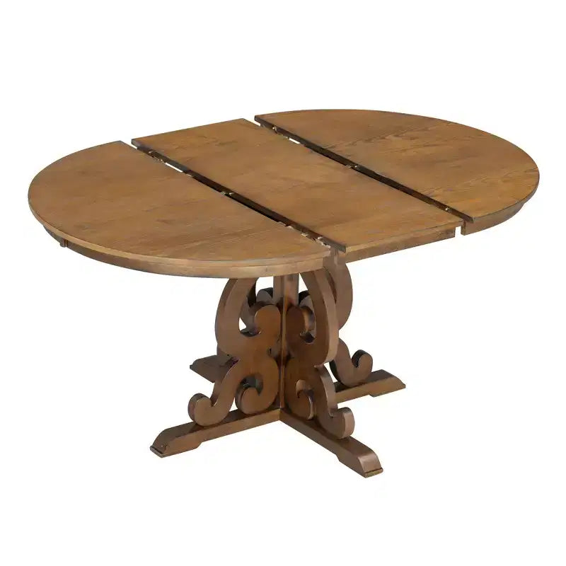 Farmhouse Kitchen Table Set for 4, Wooden Extendable Round Dining Table Set and 4 Upholstered Chairs, Retro Dining Set for Kitchen