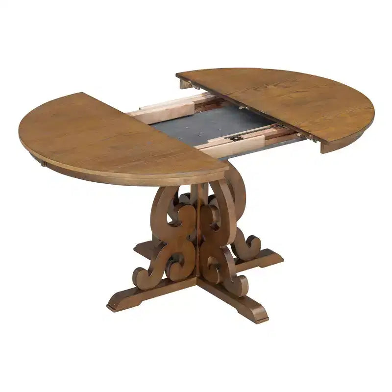 Farmhouse Kitchen Table Set for 4, Wooden Extendable Round Dining Table Set and 4 Upholstered Chairs, Retro Dining Set for Kitchen