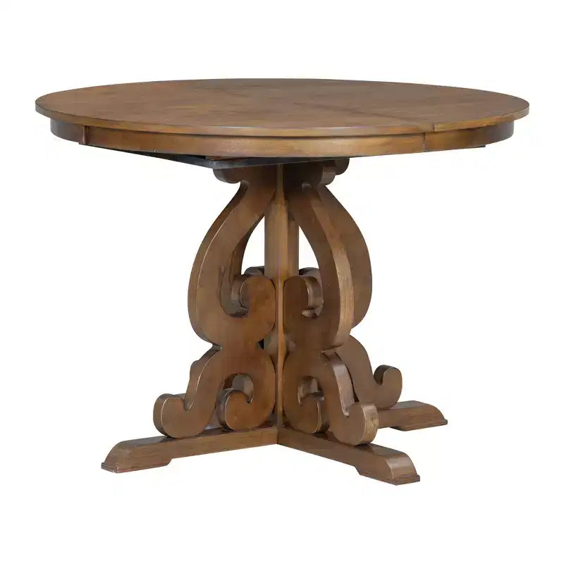 Farmhouse Kitchen Table Set for 4, Wooden Extendable Round Dining Table Set and 4 Upholstered Chairs, Retro Dining Set for Kitchen