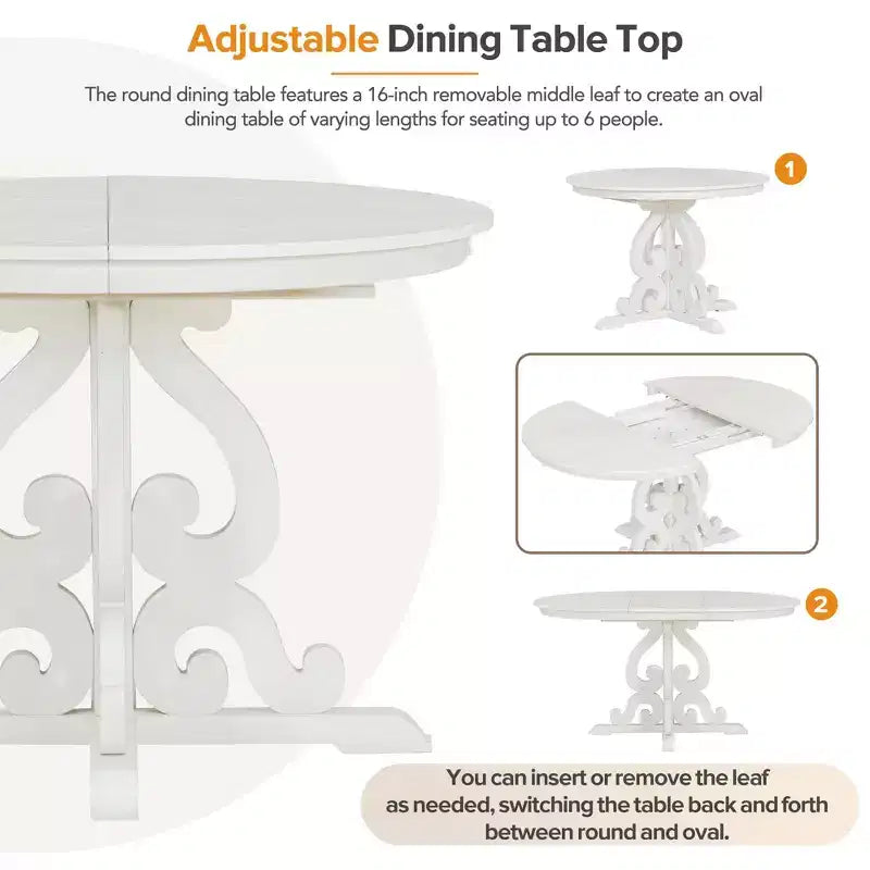 Farmhouse Kitchen Table Set for 4, Wooden Extendable Round Dining Table Set and 4 Upholstered Chairs, Retro Dining Set for Kitchen
