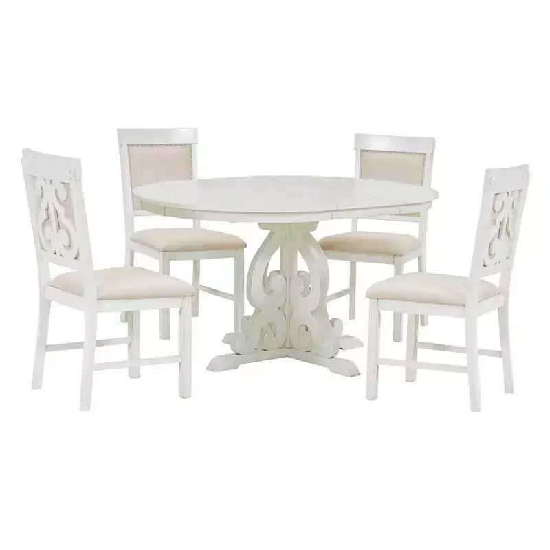 Farmhouse Kitchen Table Set for 4, Wooden Extendable Round Dining Table Set and 4 Upholstered Chairs, Retro Dining Set for Kitchen